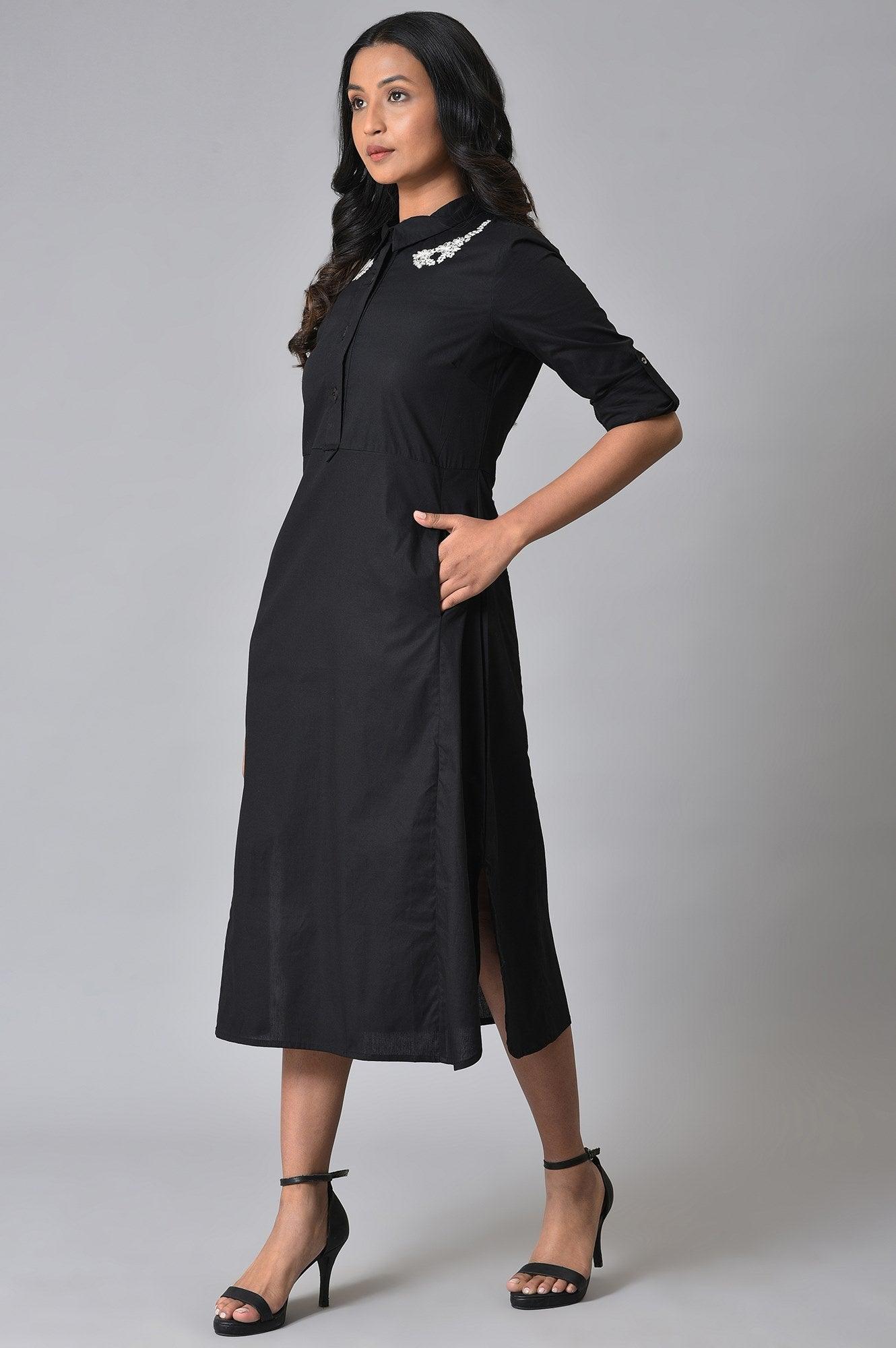Black Cotton Embroidered Shirt Dress - wforwoman