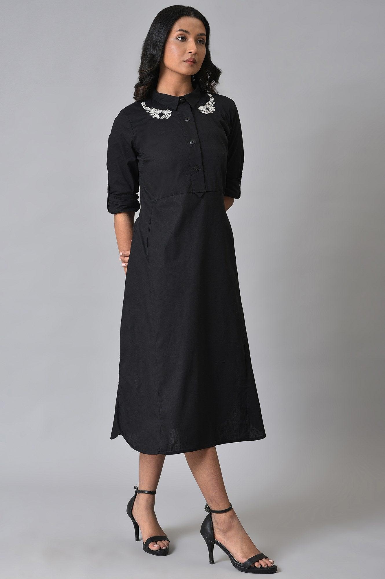 Black Cotton Embroidered Plus Size Shirt Dress - wforwoman