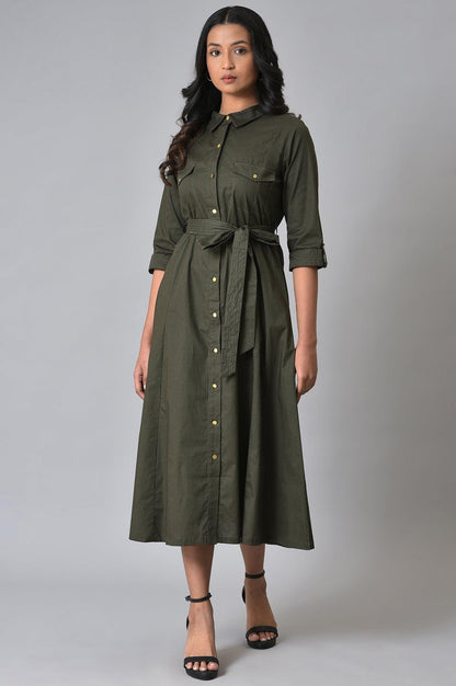 Olive Green Western Plus Size Dress With Belt - wforwoman