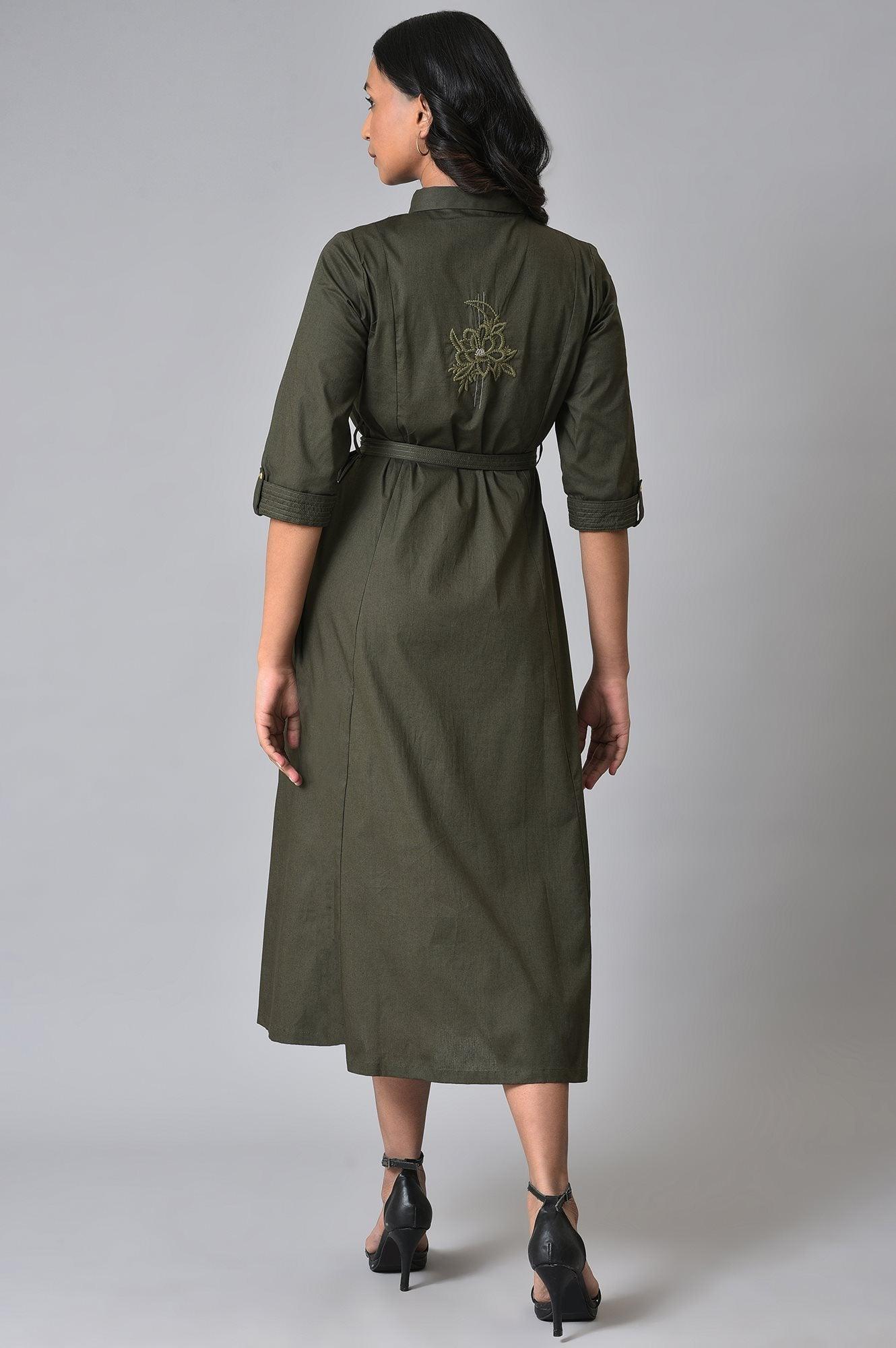 Olive Green Western Plus Size Dress With Belt - wforwoman