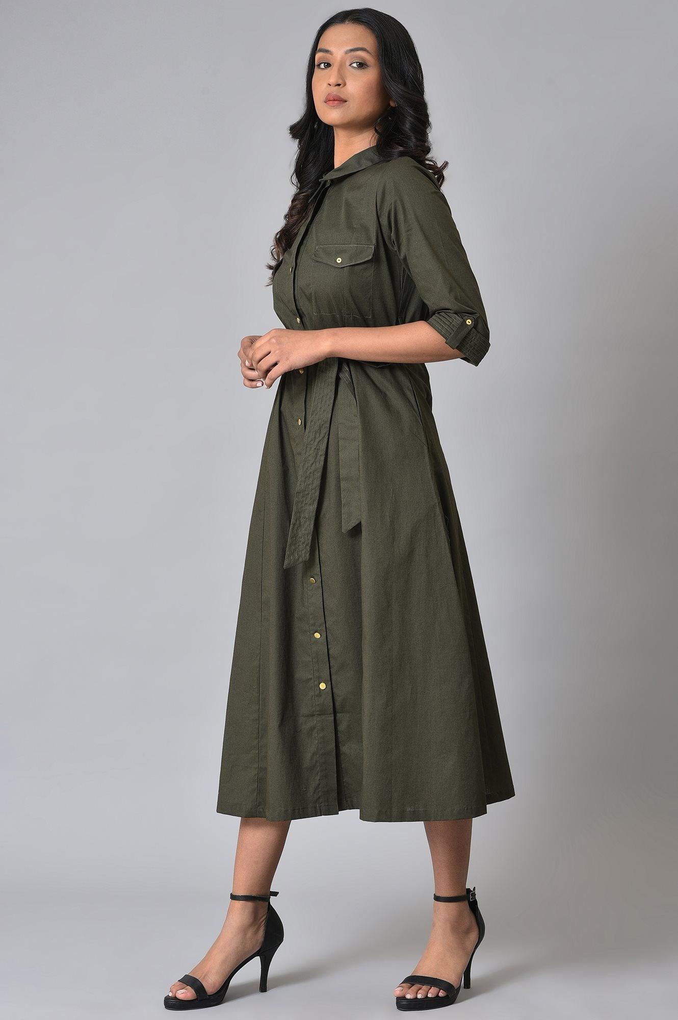 Olive Green Western Plus Size Dress With Belt - wforwoman