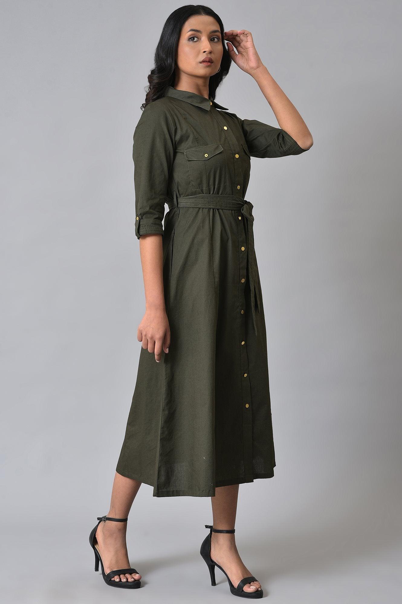 Olive Green Western Dress With Belt - wforwoman