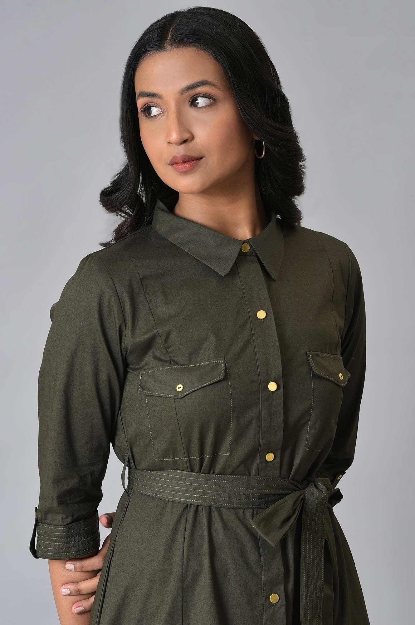 Olive Green Western Plus Size Dress With Belt - wforwoman