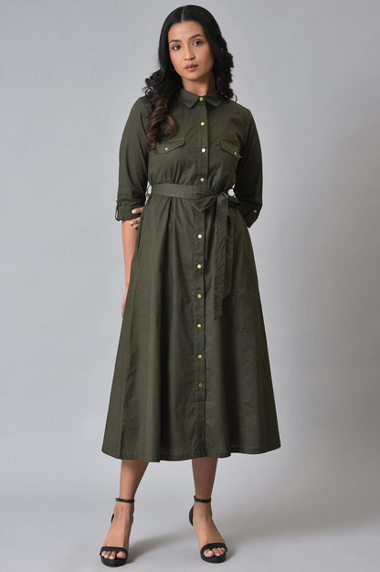 Olive Green Western Dress With Belt - wforwoman