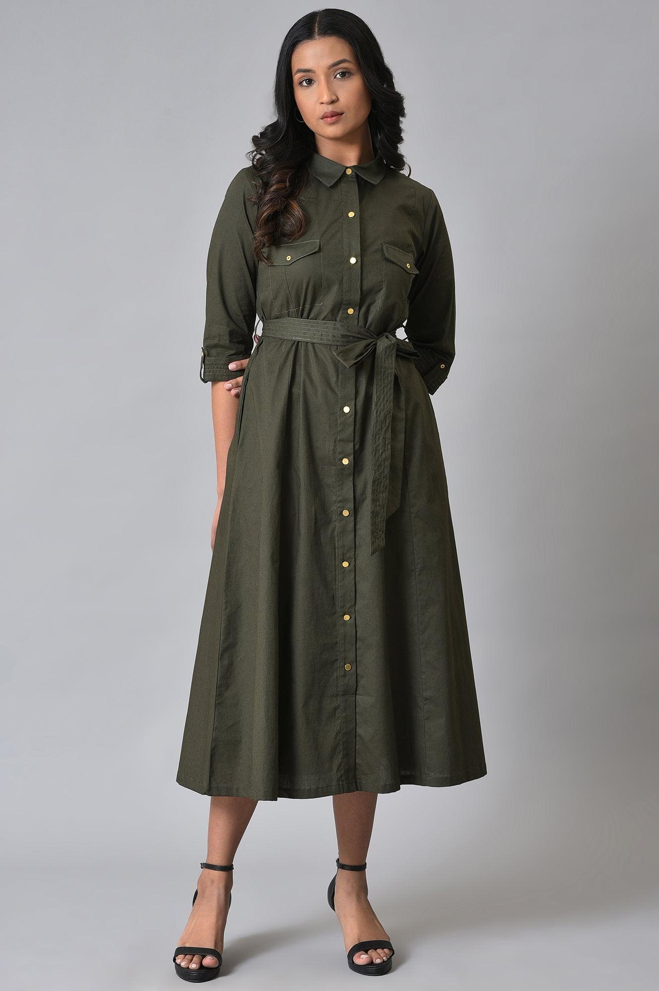 Olive Green Western Plus Size Dress With Belt - wforwoman