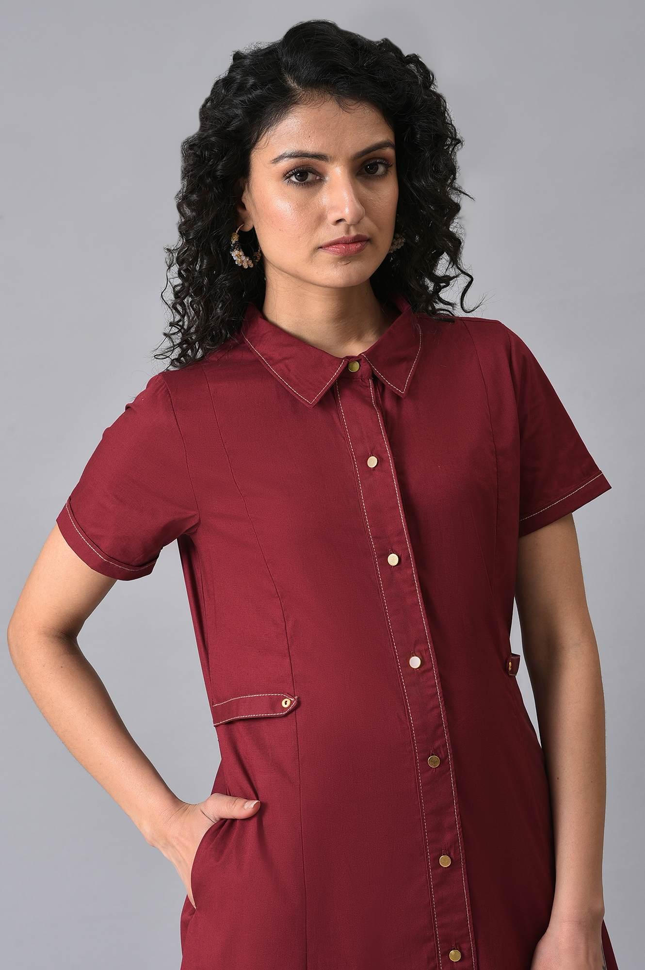 Maroon Cotton Plus Size Shirt Dress – wforwoman