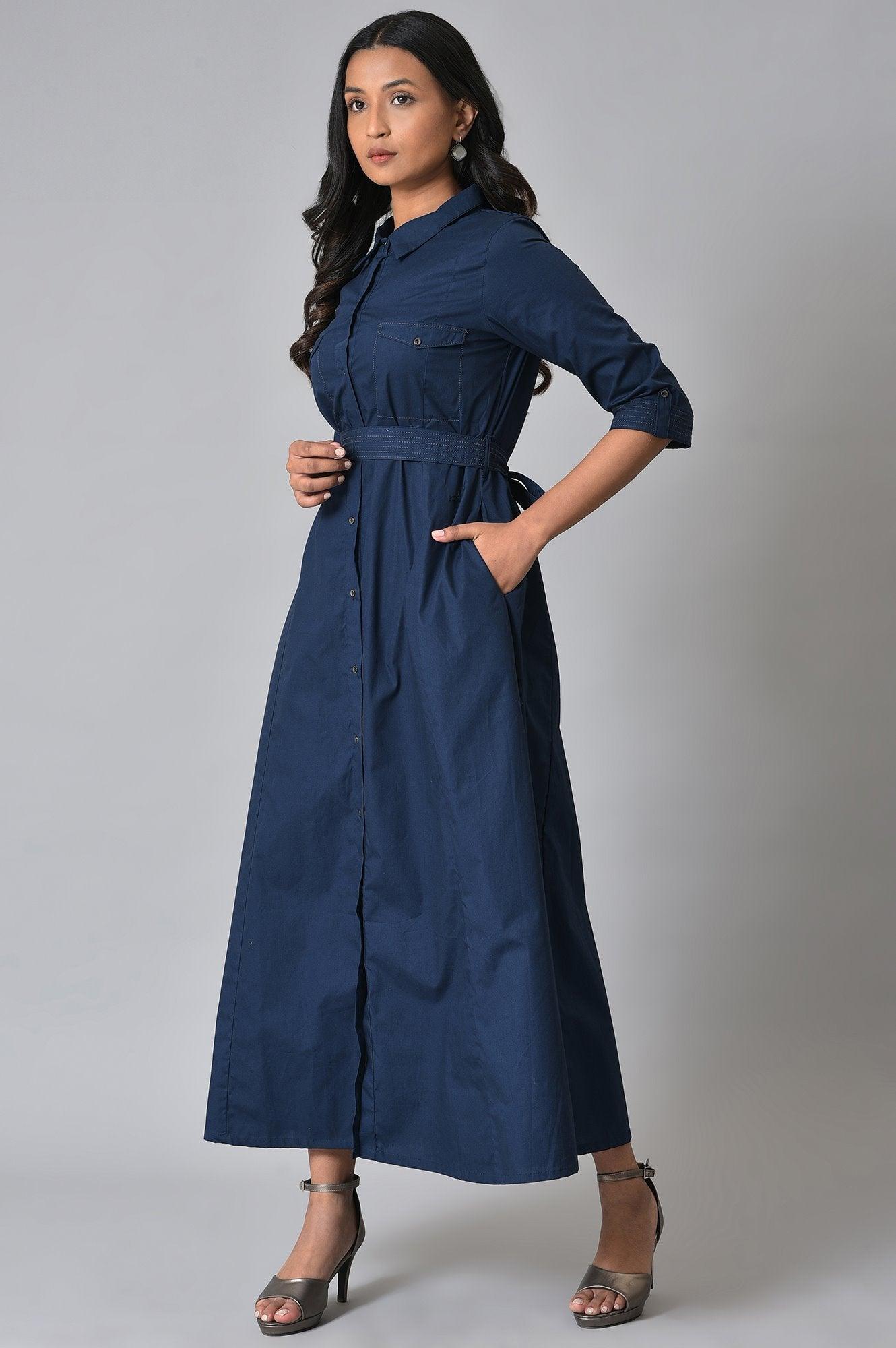 Plus Size Navy Blue Long Shirt Dress With Belt - wforwoman