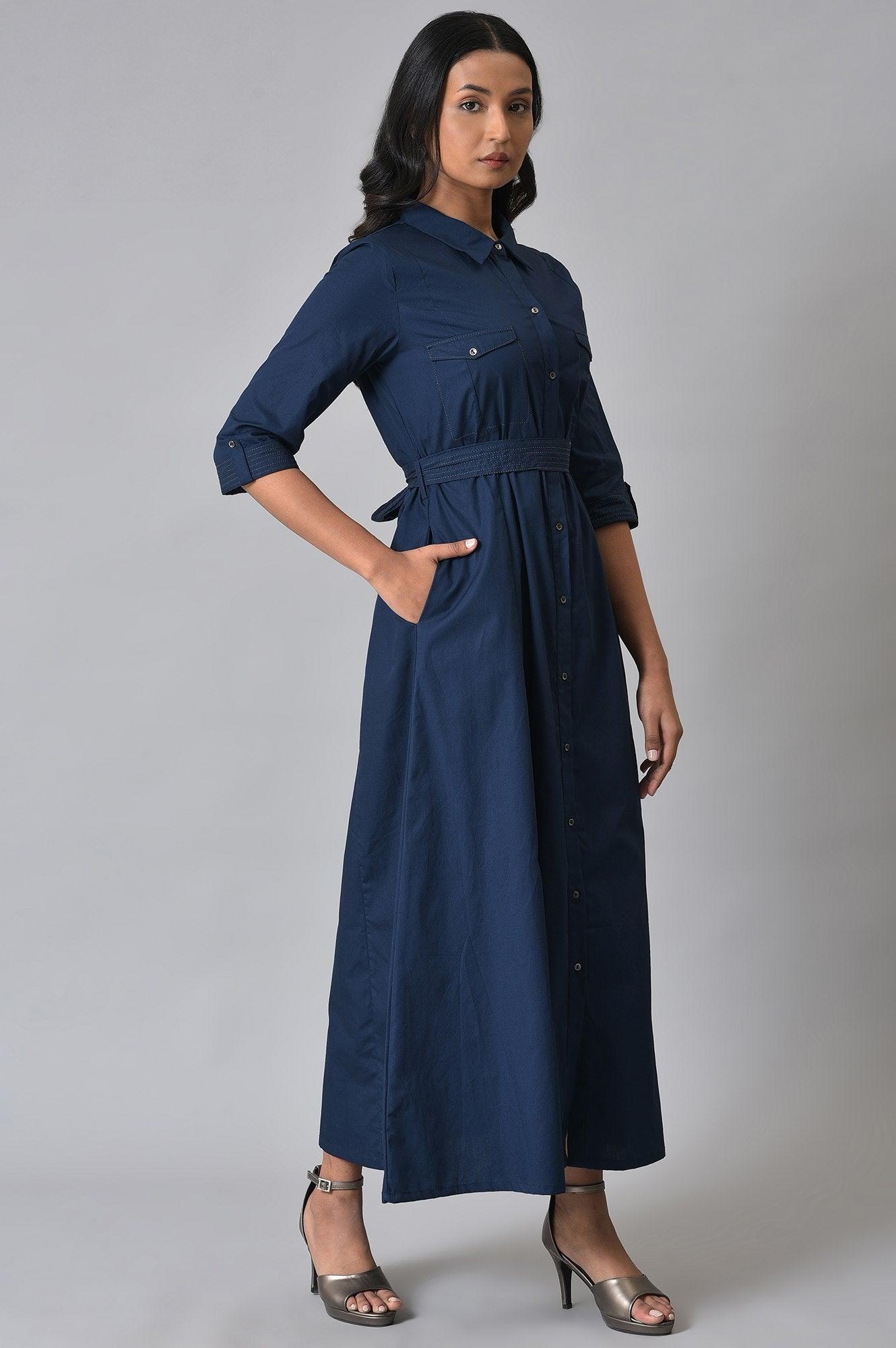 Plus Size Navy Blue Long Shirt Dress With Belt - wforwoman