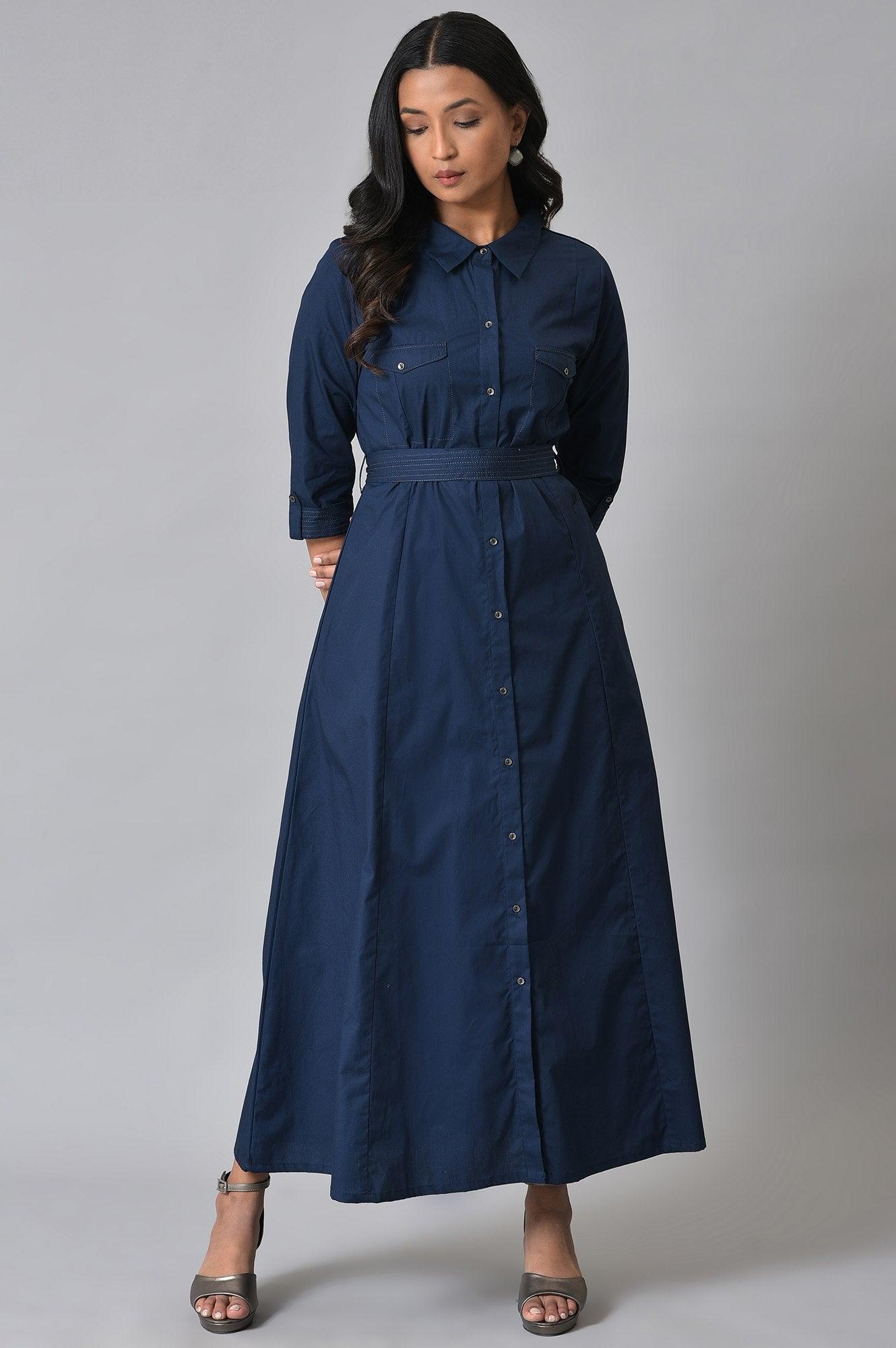 Navy Blue Long Shirt Dress With Belt - wforwoman