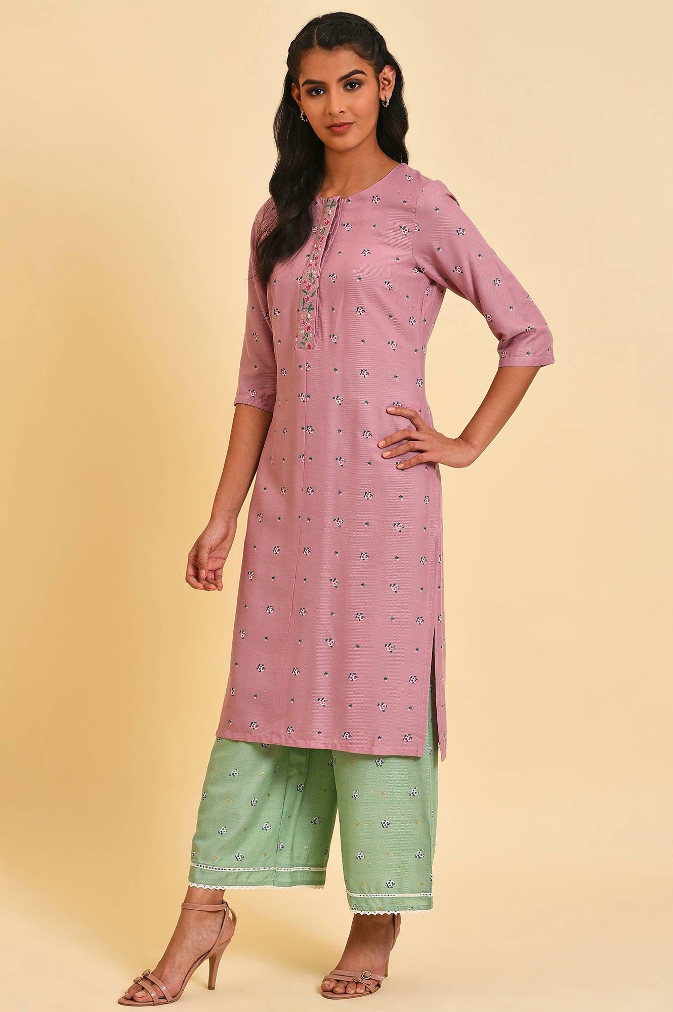 Light Purple Printed Plus Size kurta With Embroidery - wforwoman