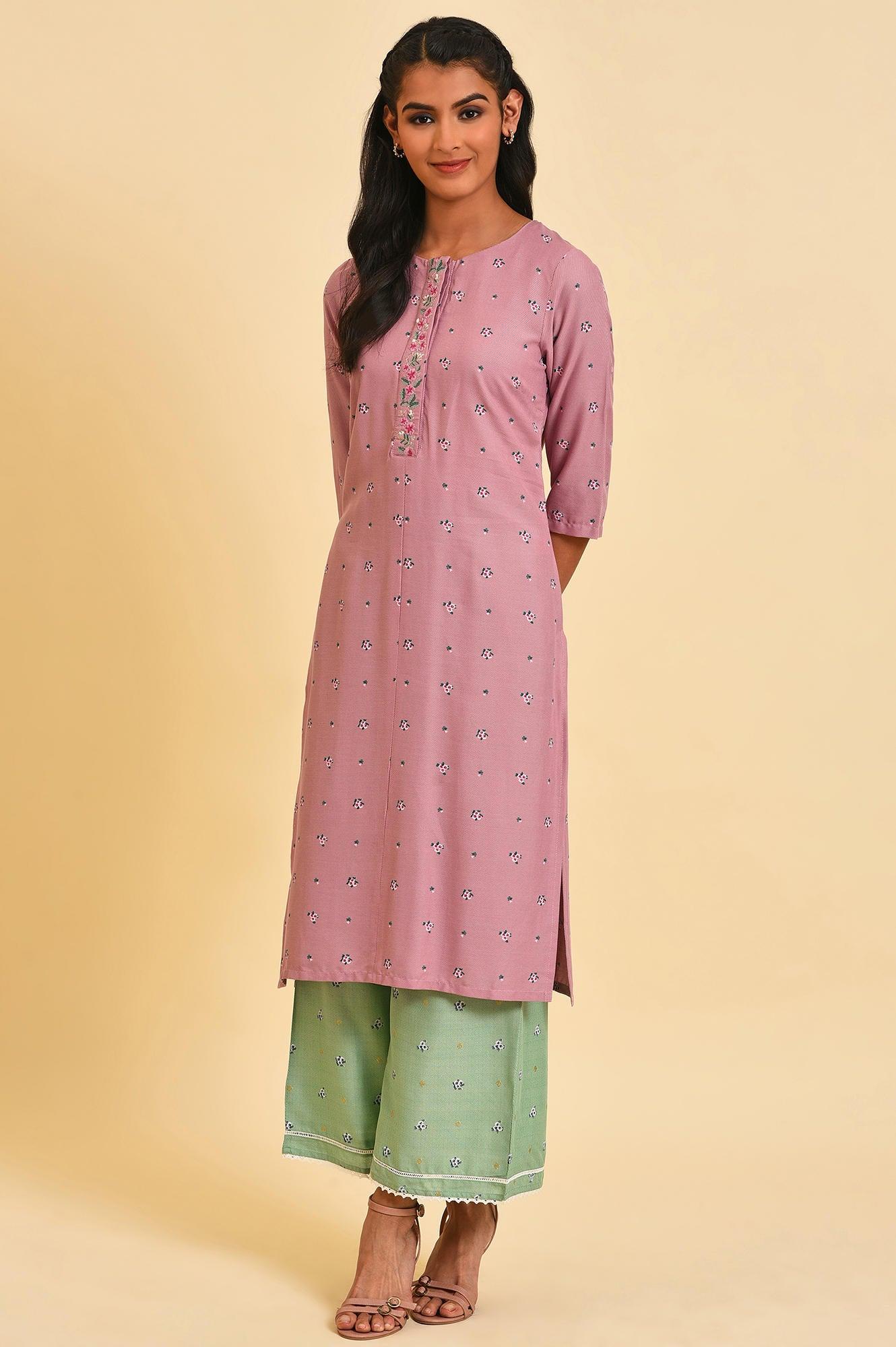 Light Purple Printed Plus Size kurta With Embroidery - wforwoman