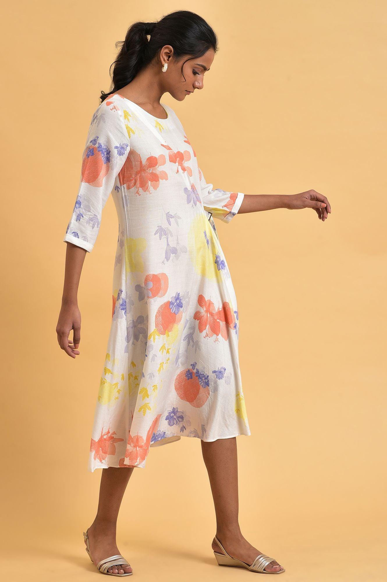 Ecru Floral Printed Summer Wrap Dress - wforwoman