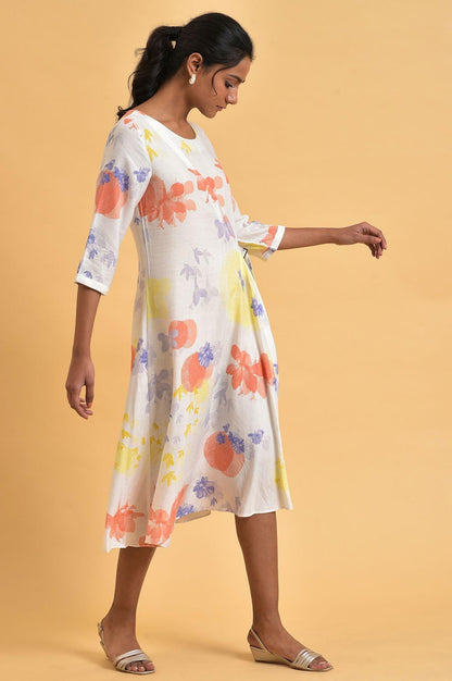 Ecru Floral Printed Summer Wrap Dress - wforwoman