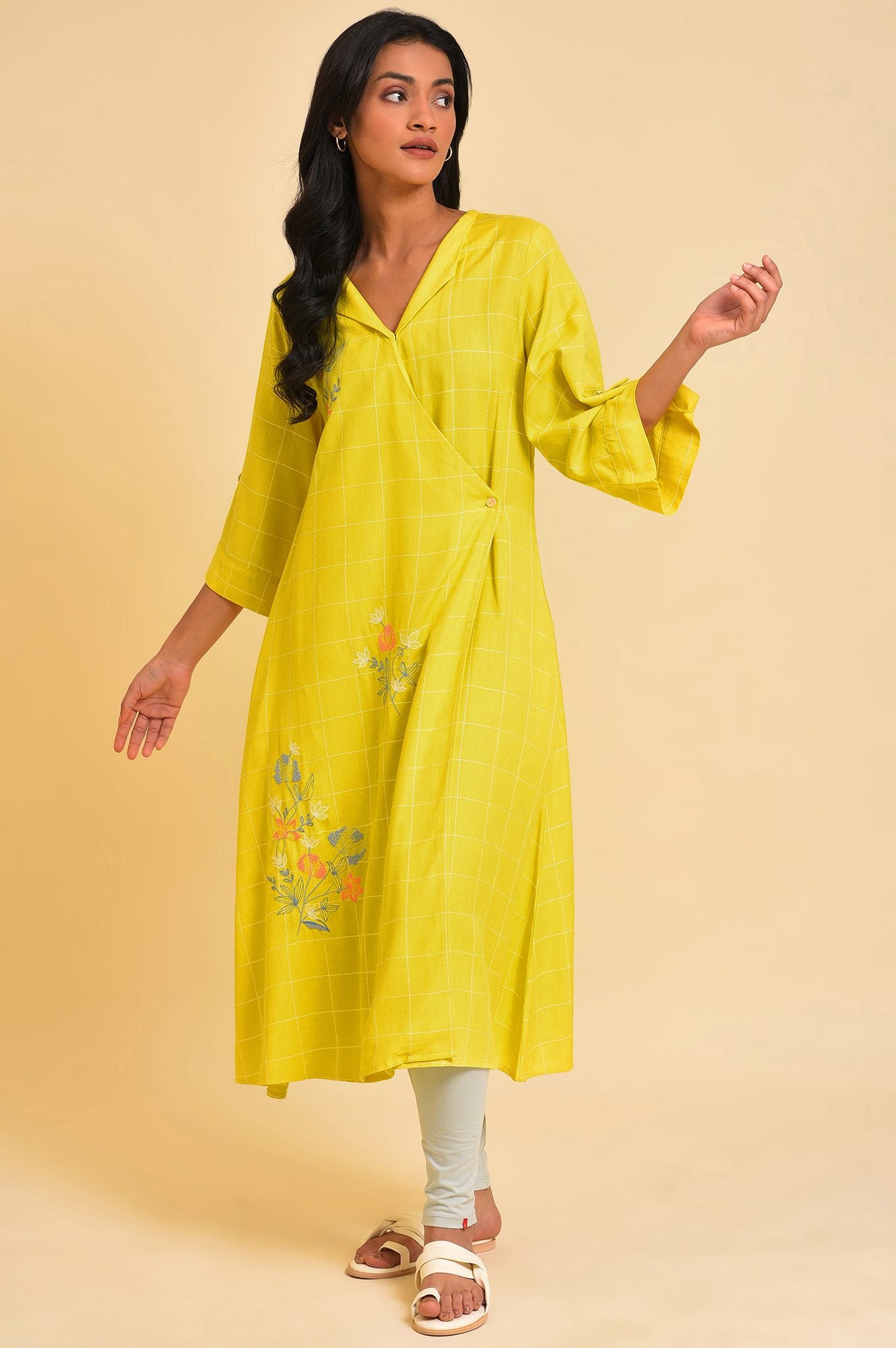 Yellow Embroidered Checker Wrap Dress