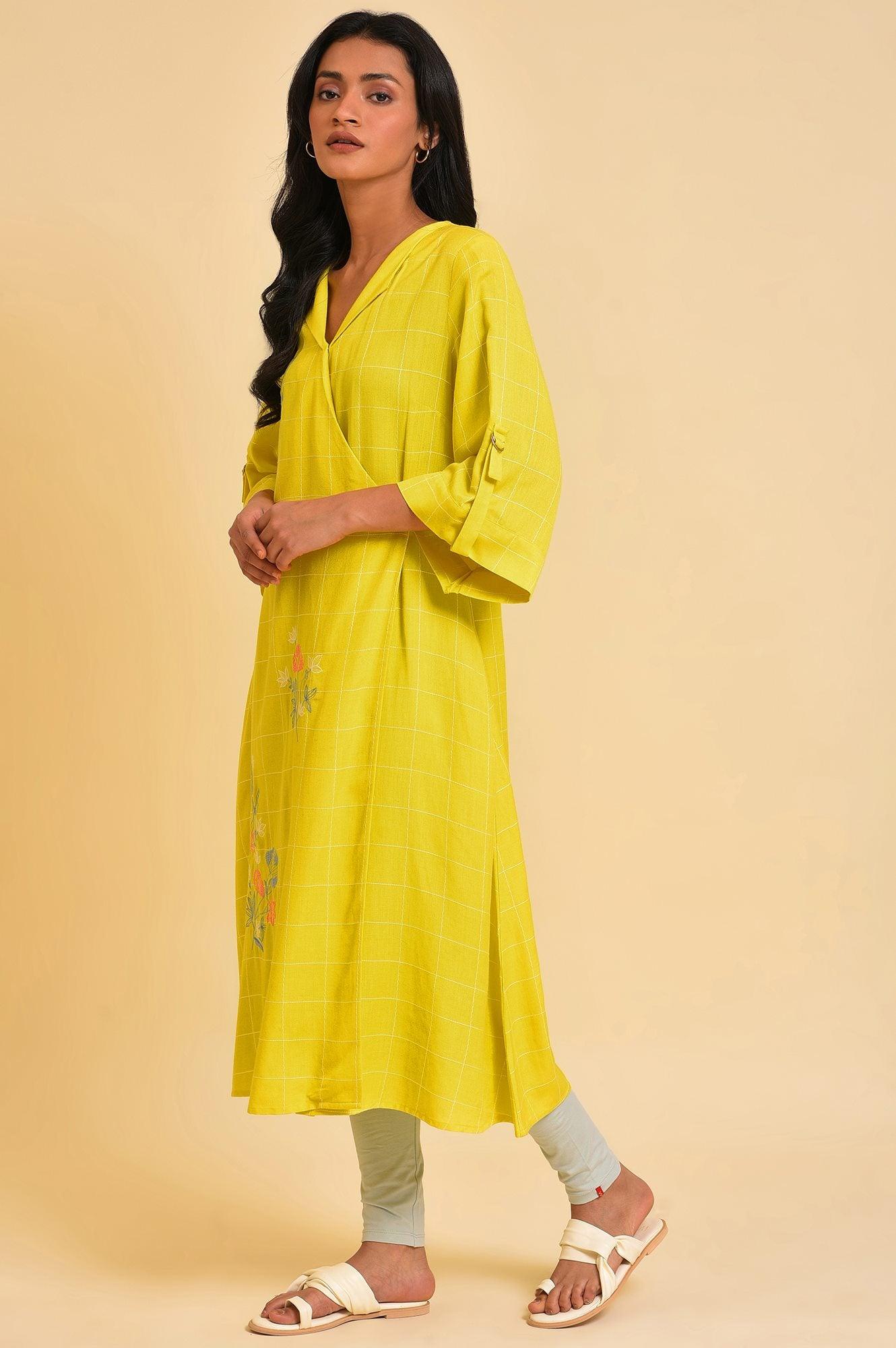 Plus Size Yellow Embroidered Checker Wrap Dress - wforwoman
