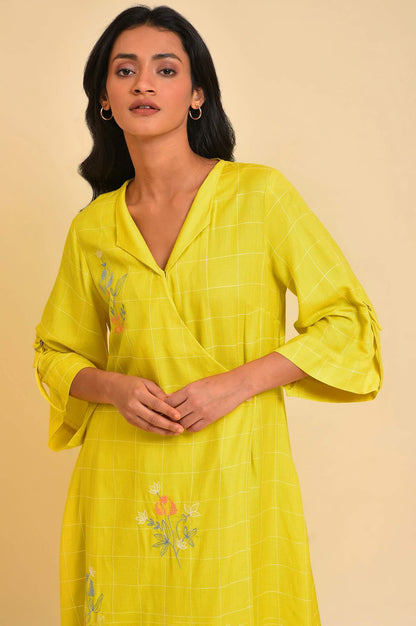 Plus Size Yellow Embroidered Checker Wrap Dress - wforwoman