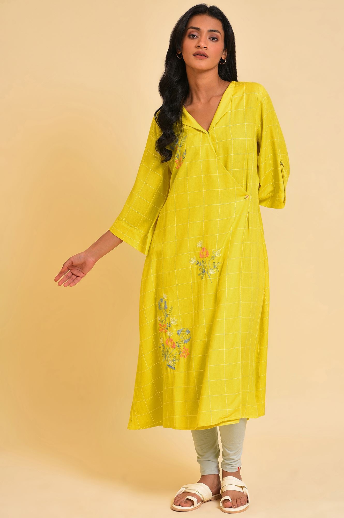 Yellow Embroidered Checker Wrap Dress