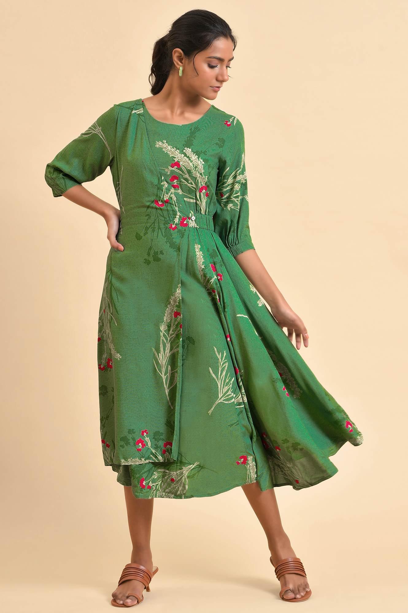 Green Floral Printed Western Wrap Dress - wforwoman