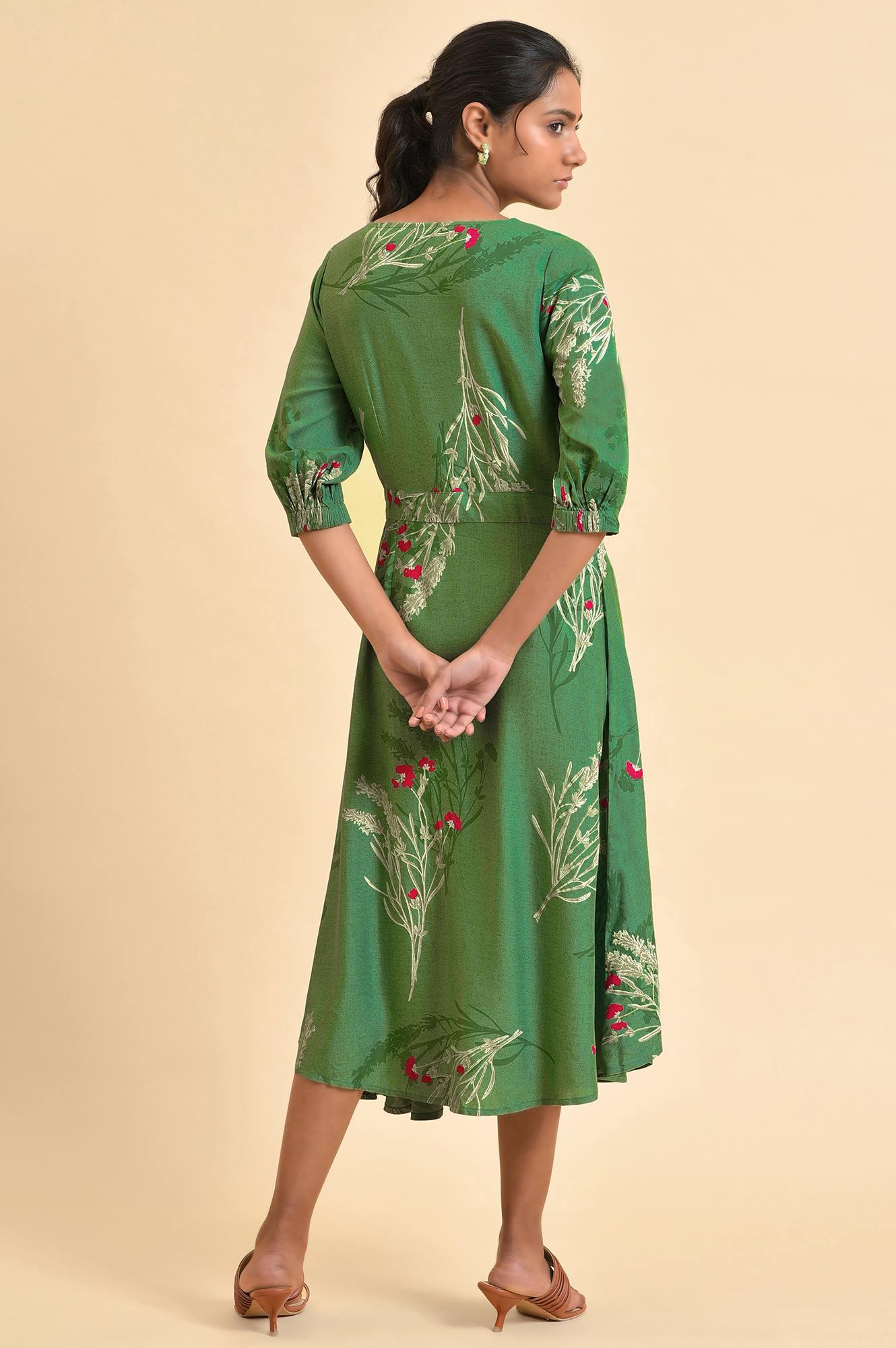 Green Floral Printed Western Plus Size Wrap Dress - wforwoman