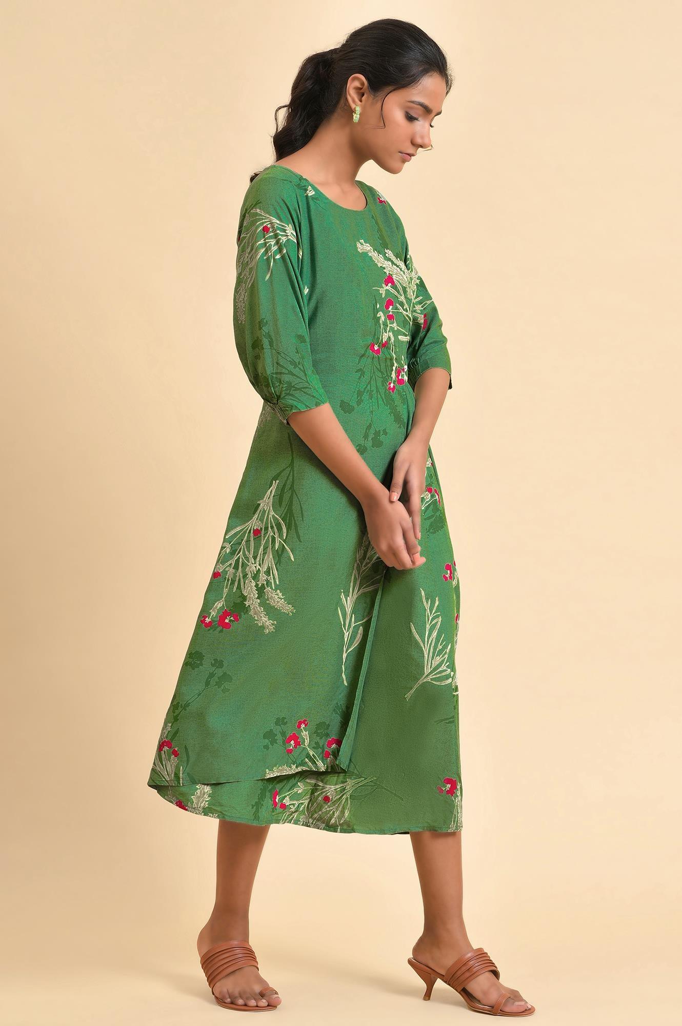 Green Floral Printed Western Plus Size Wrap Dress - wforwoman