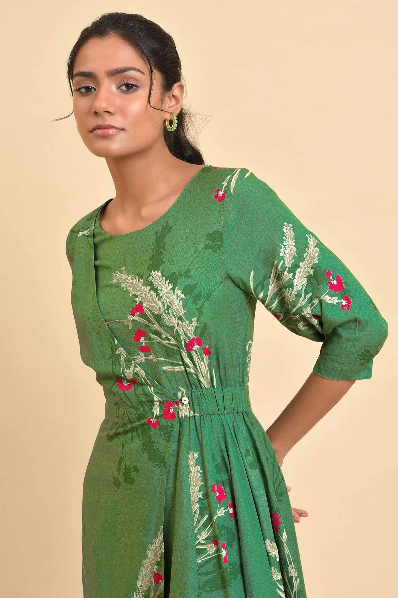 Green Floral Printed Western Plus Size Wrap Dress - wforwoman