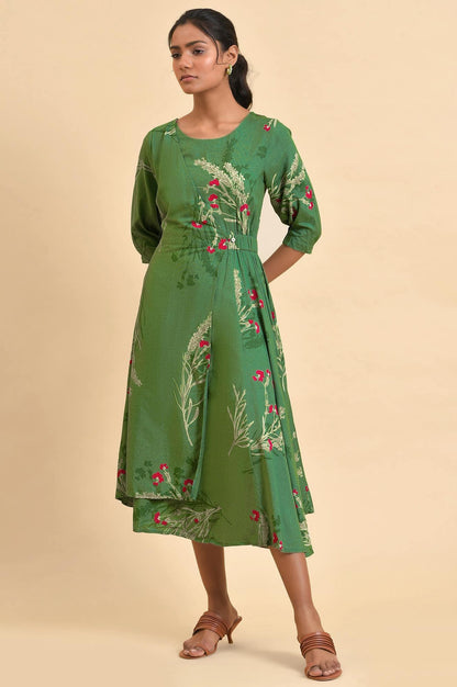 Green Floral Printed Western Plus Size Wrap Dress - wforwoman