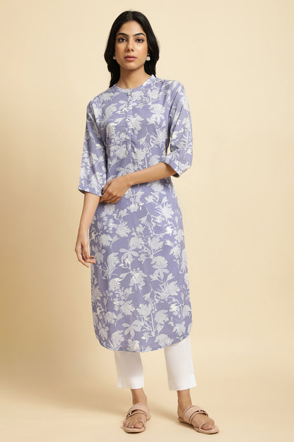 Blue Floral Printed Mandarin Collar kurta