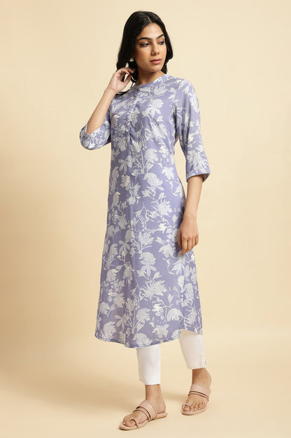 Blue Floral Printed Mandarin Collar kurta