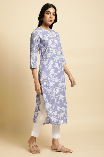 Blue Floral Printed Mandarin Collar kurta