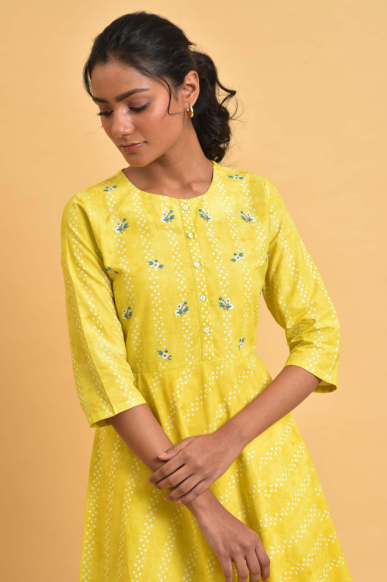 Yellow Cotton Flared Summer Dress - wforwoman