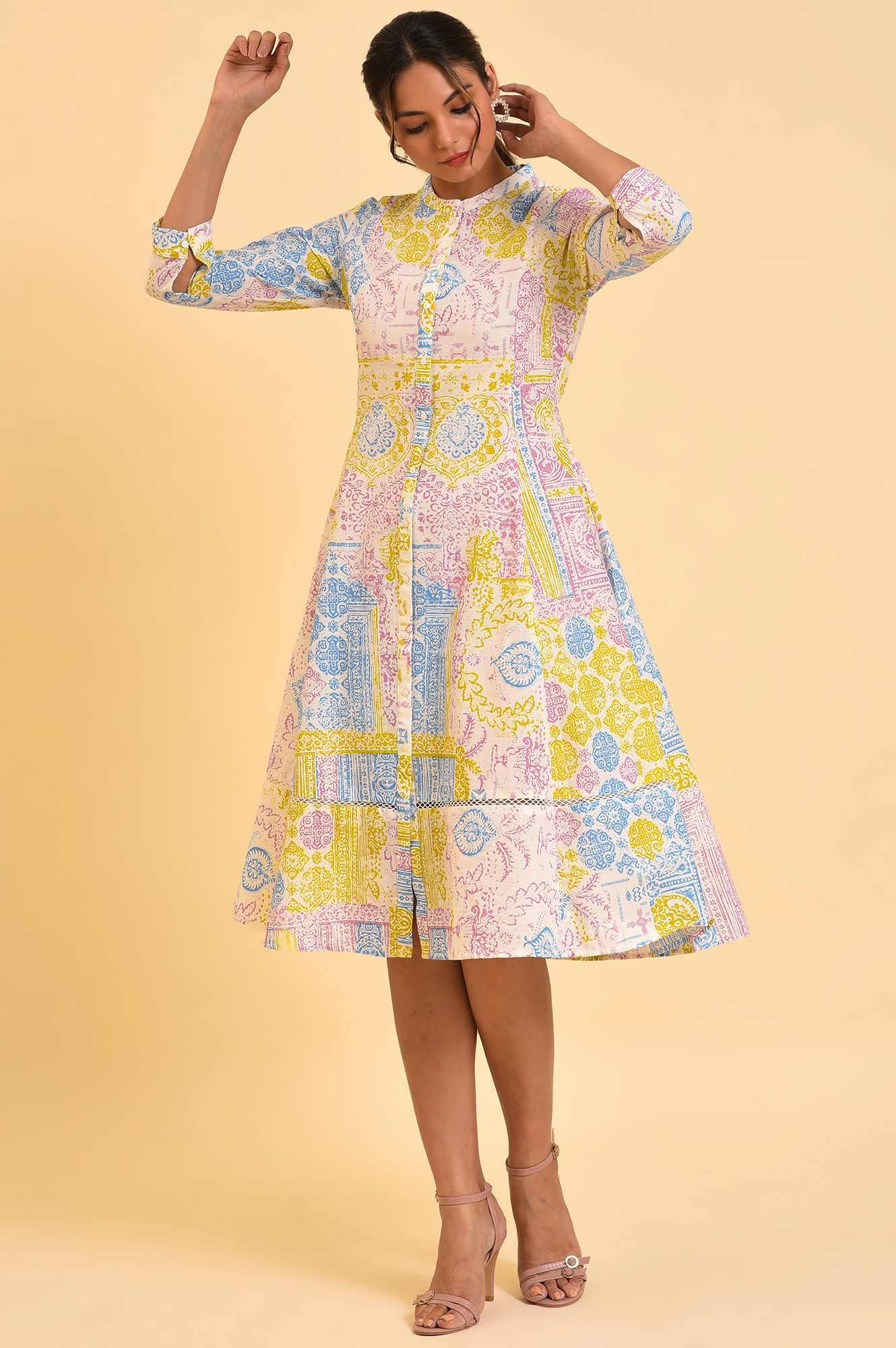 Multi-Coloured Printed Flared Dress - wforwoman