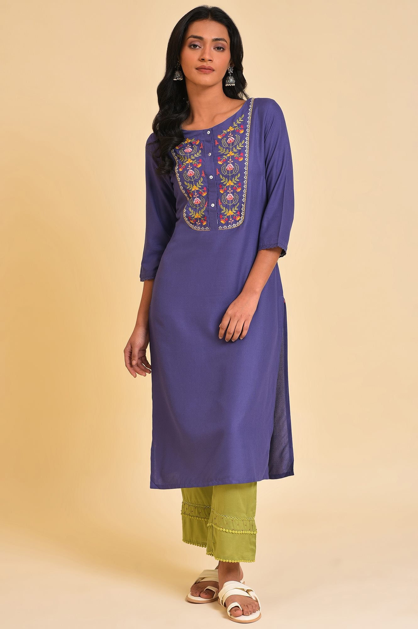 Purple Straight Kurta with Embroidered Yoke - wforwoman