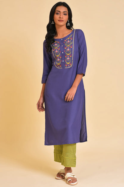 Purple Straight Kurta with Embroidered Yoke - wforwoman