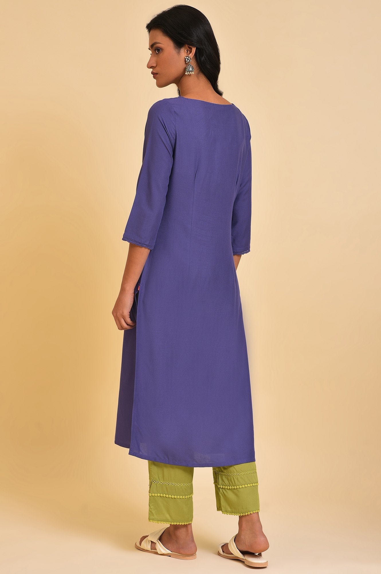 Purple Straight Kurta with Embroidered Yoke - wforwoman