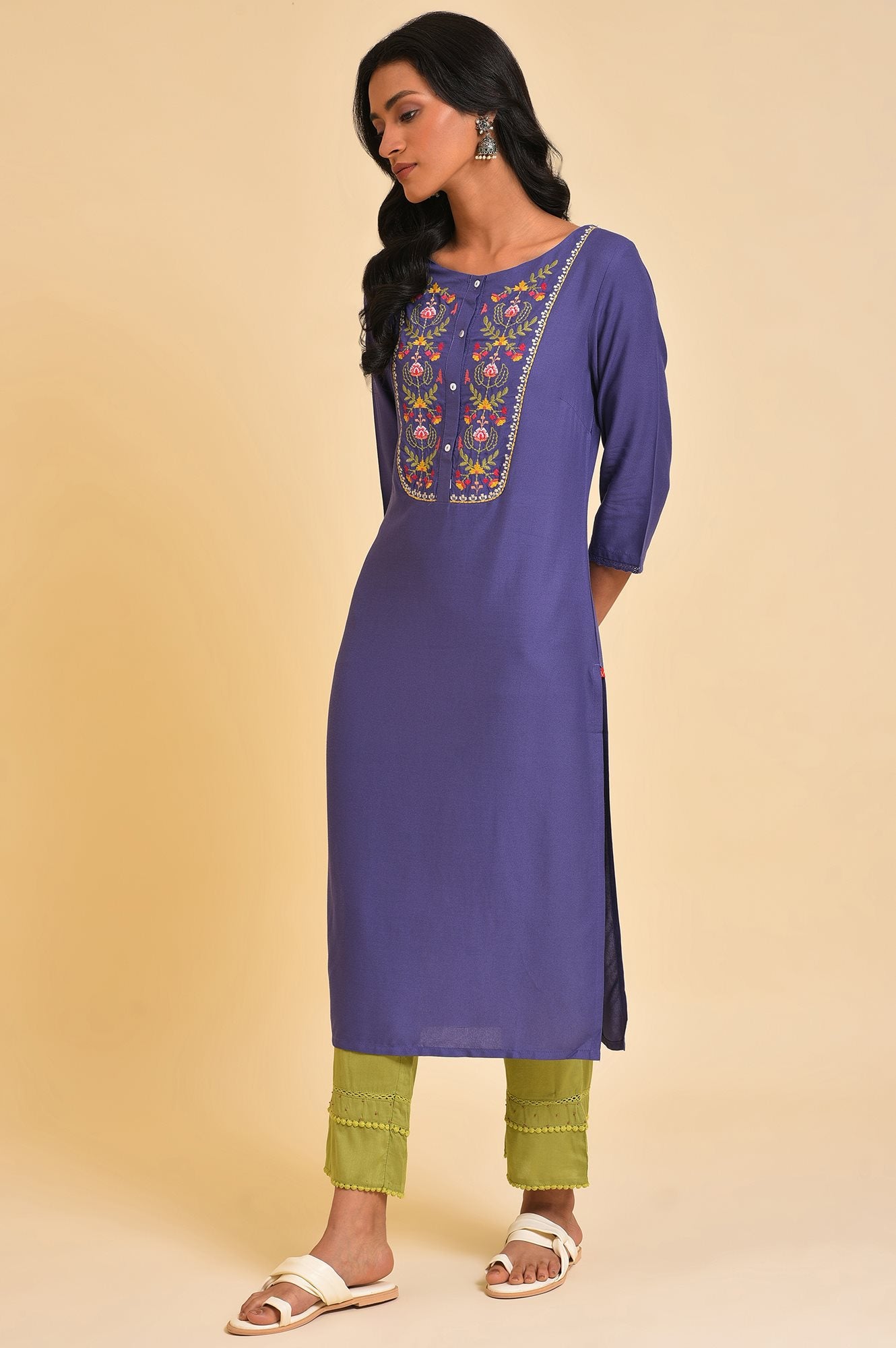 Purple Straight Kurta with Embroidered Yoke - wforwoman