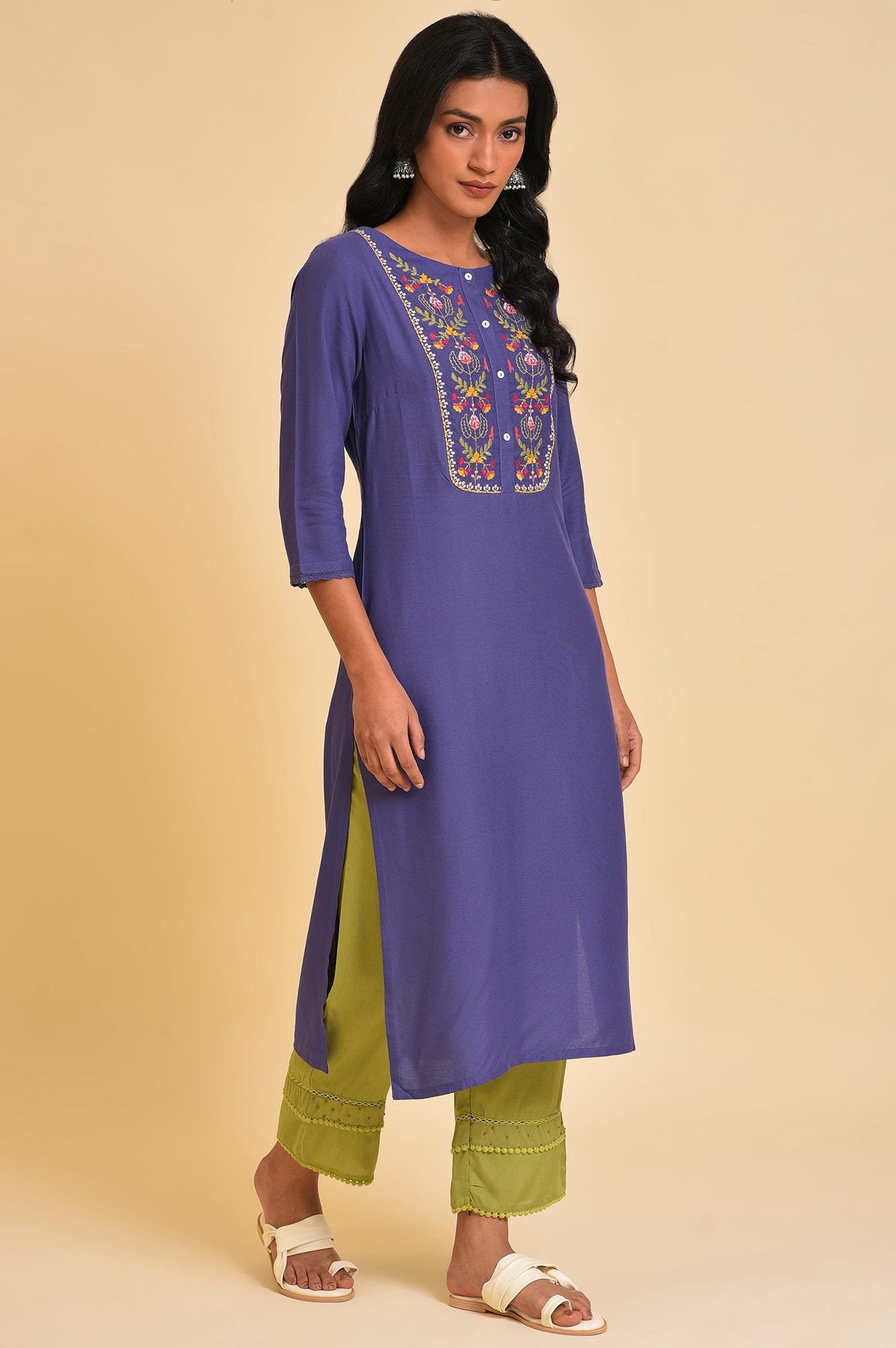 Purple Straight Kurta with Embroidered Yoke - wforwoman