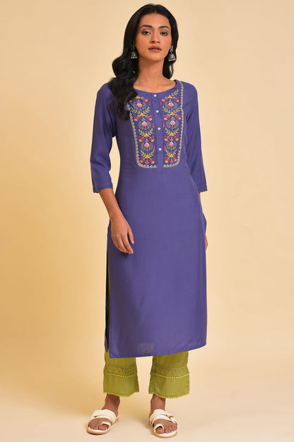 Purple Straight Kurta with Embroidered Yoke - wforwoman