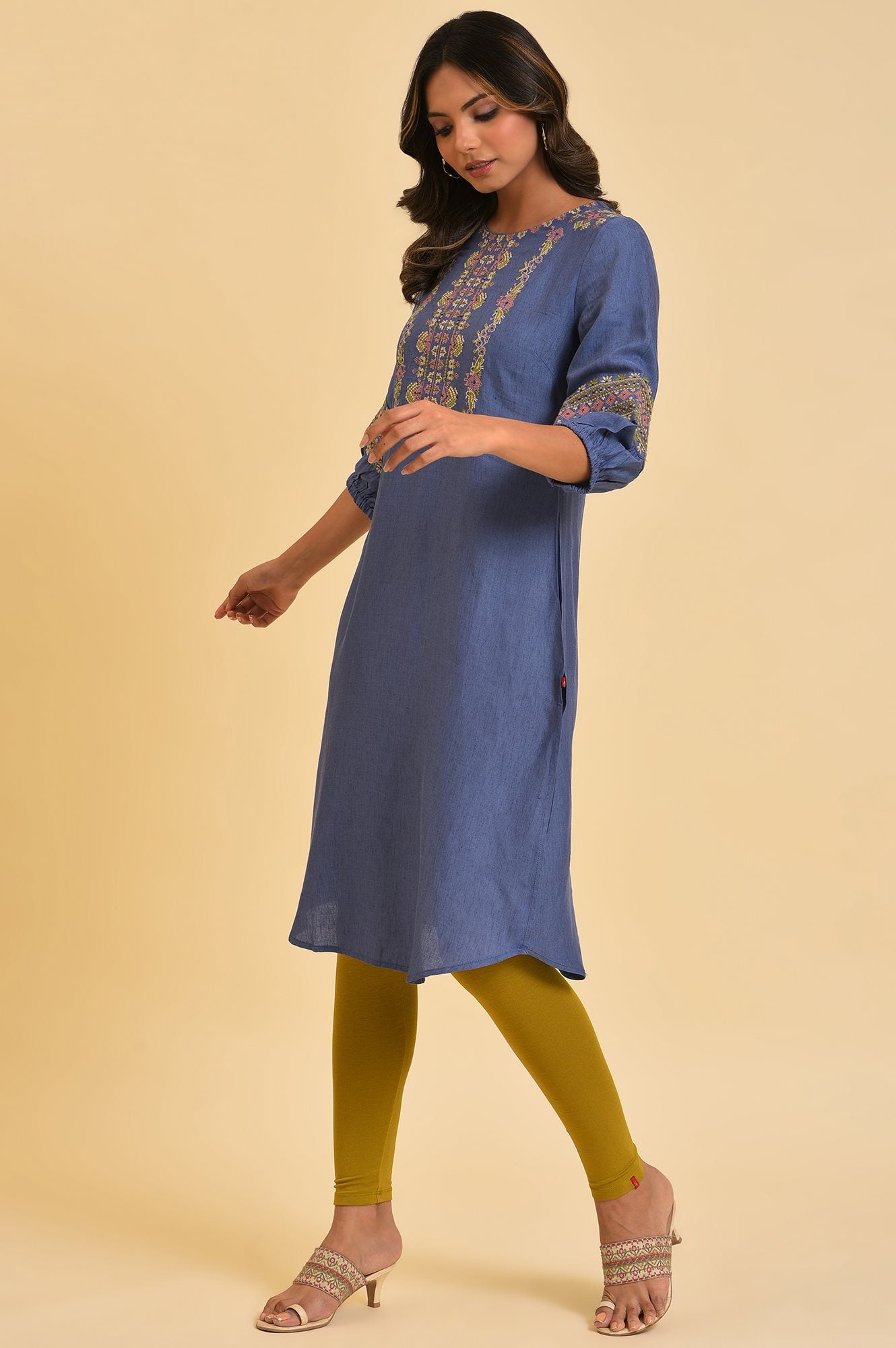 Blue Embroidered Straight kurta