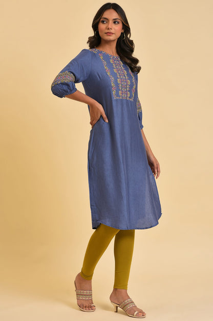 Blue Embroidered Straight kurta