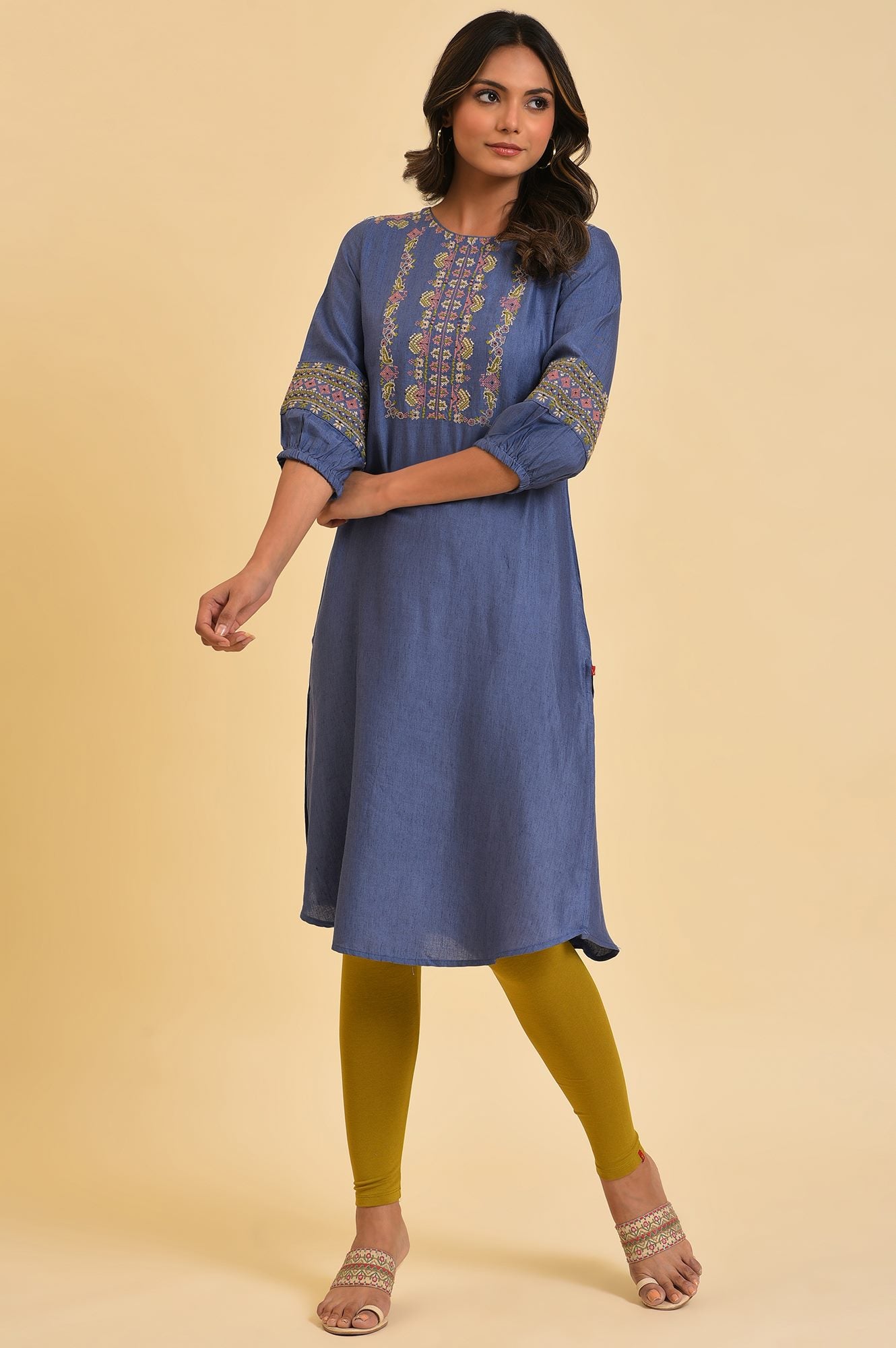 Blue Embroidered Straight kurta