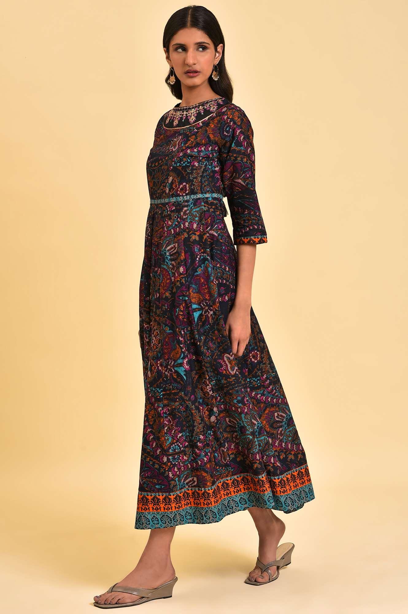 Blue Printed Kalidar Long Dress - wforwoman