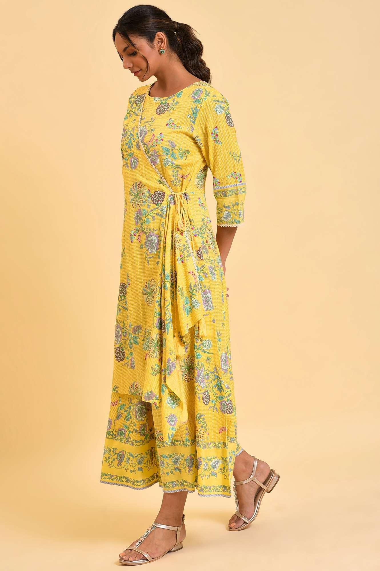 Yellow Printed Angrakha Jumpsuit - wforwoman