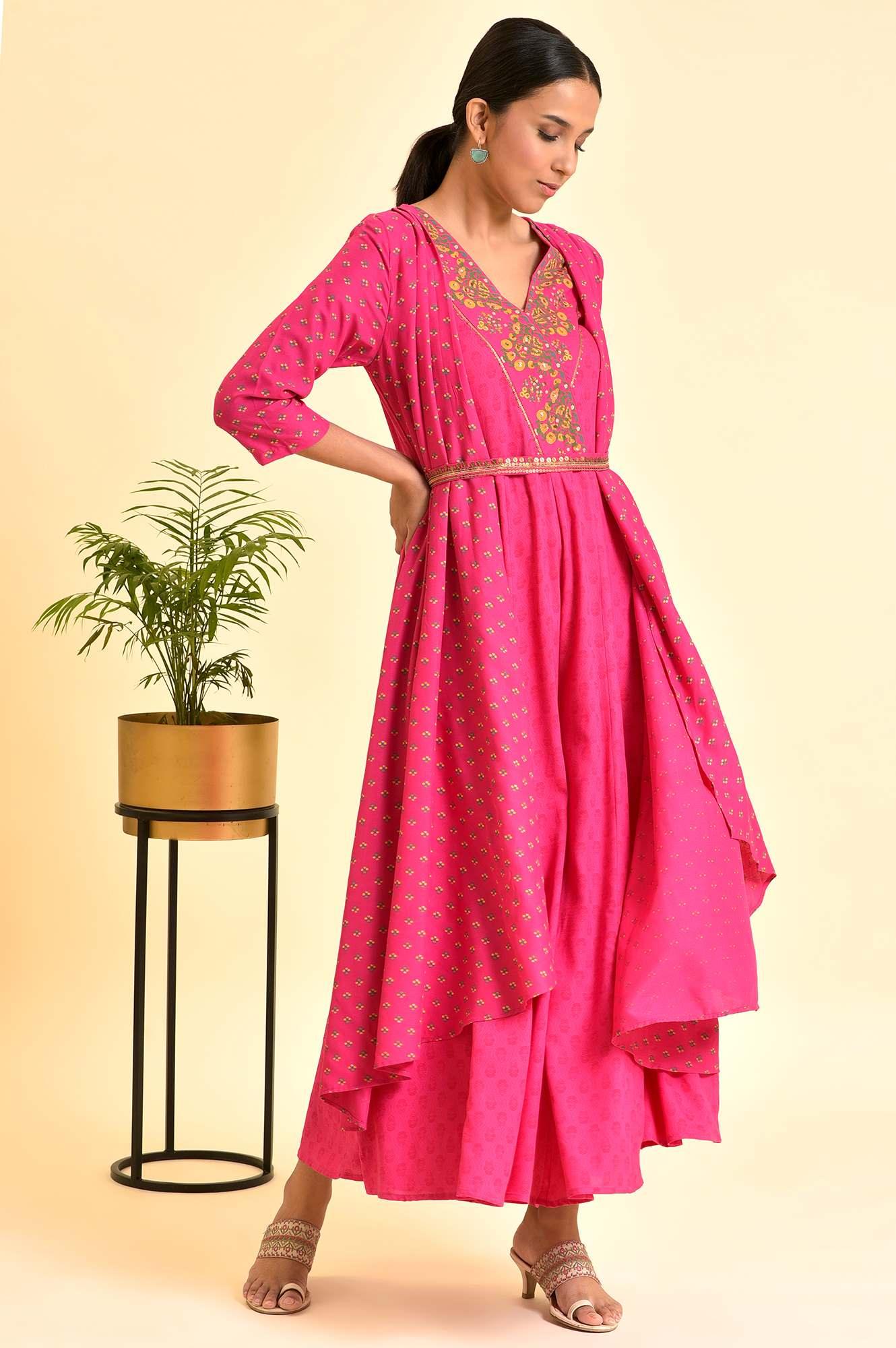 Pink Printed Draped Jumpsuit With Embroidered Belt - wforwoman