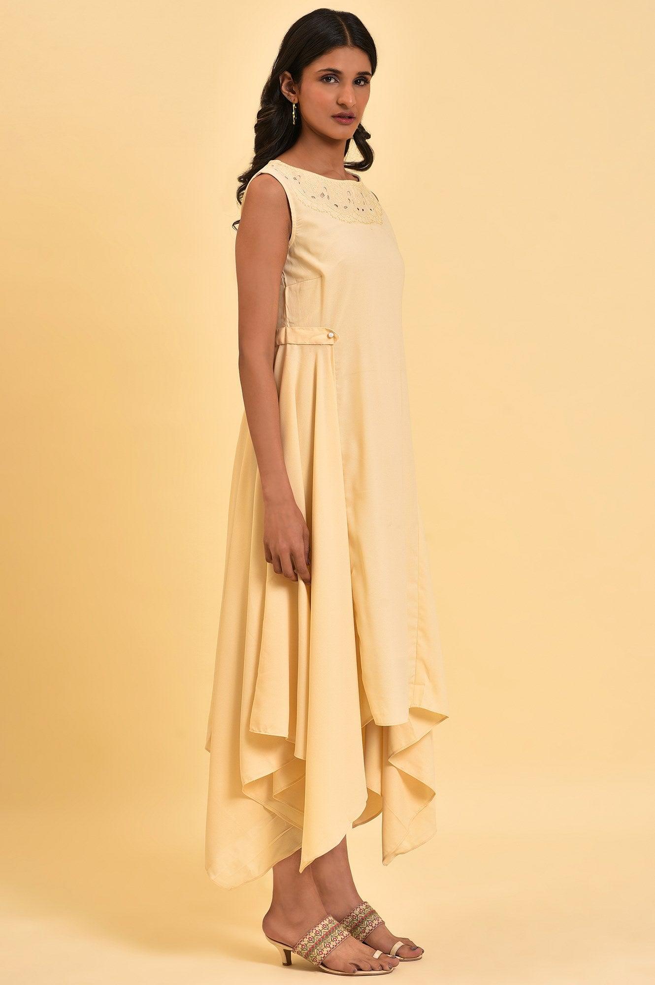Ecru Sleeveless Asymmetrical Embroidered Dress - wforwoman