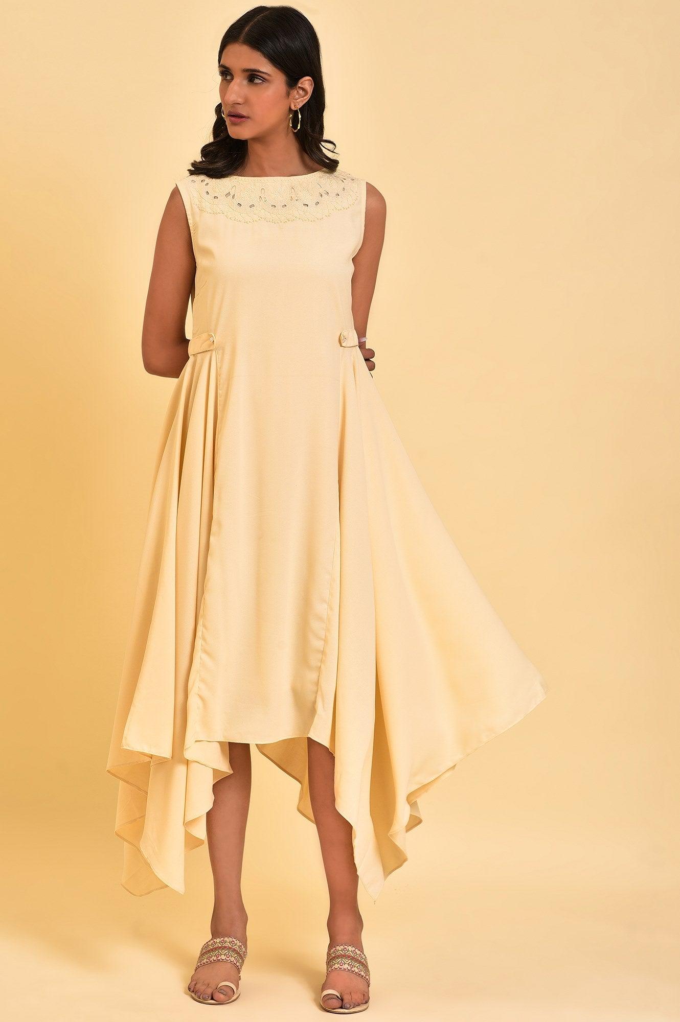 Ecru Sleeveless Asymmetrical Embroidered Dress - wforwoman