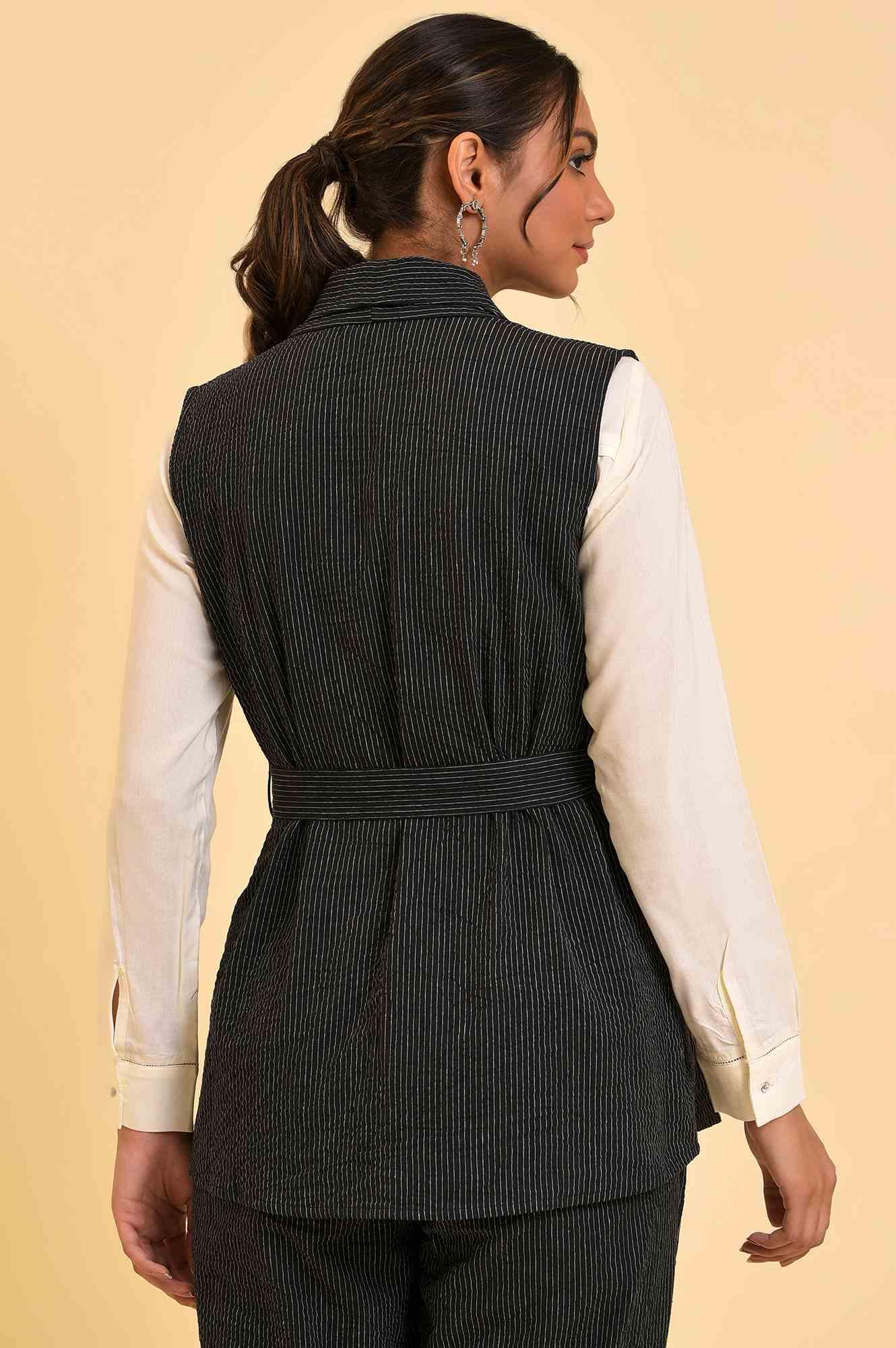 Black Yarn Dyed Western Sleeveless Jacket - wforwoman