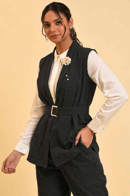 Black Yarn Dyed Western Sleeveless Jacket - wforwoman