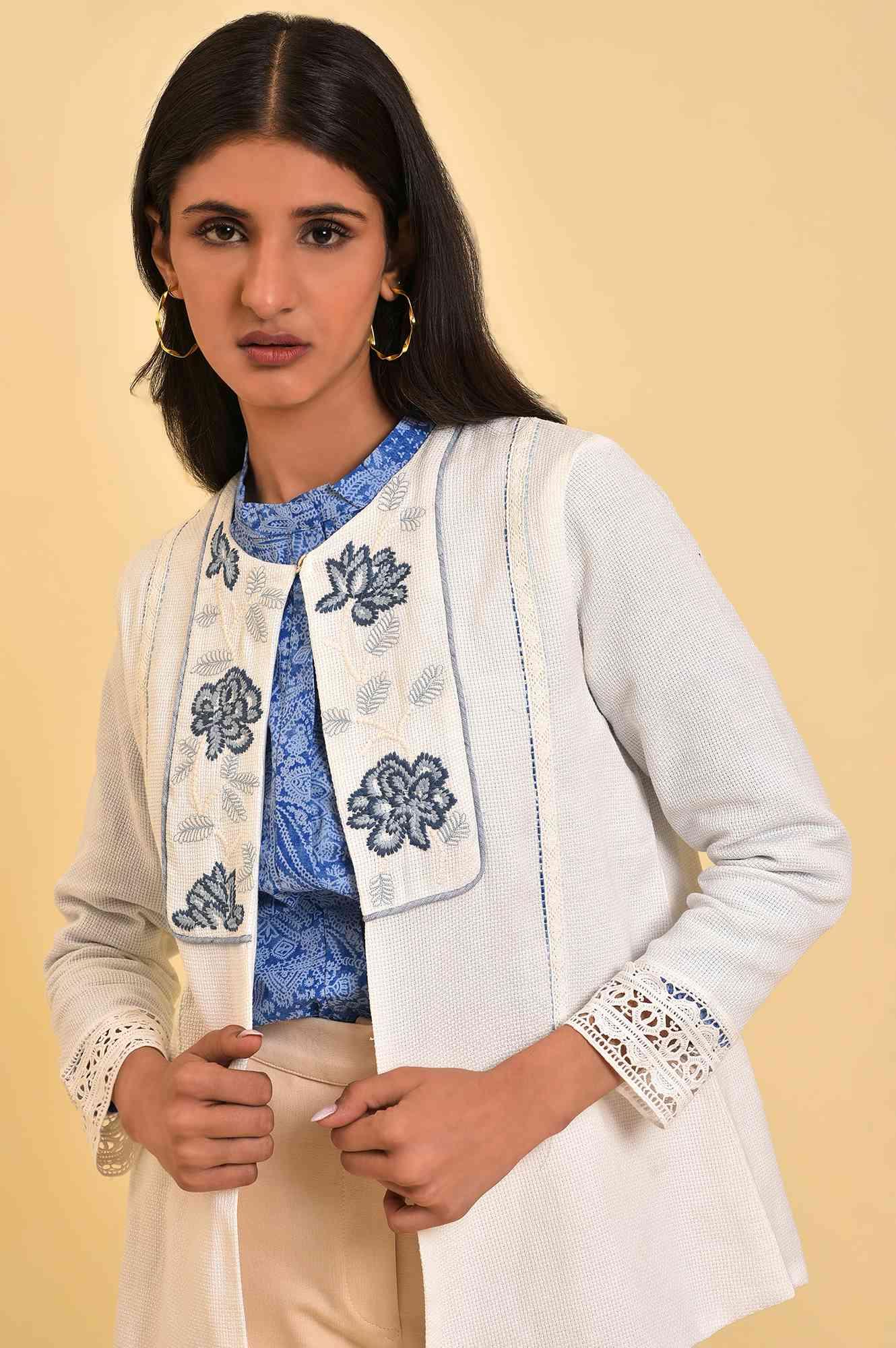 Ecru Embroidered Jacket with Lace - wforwoman