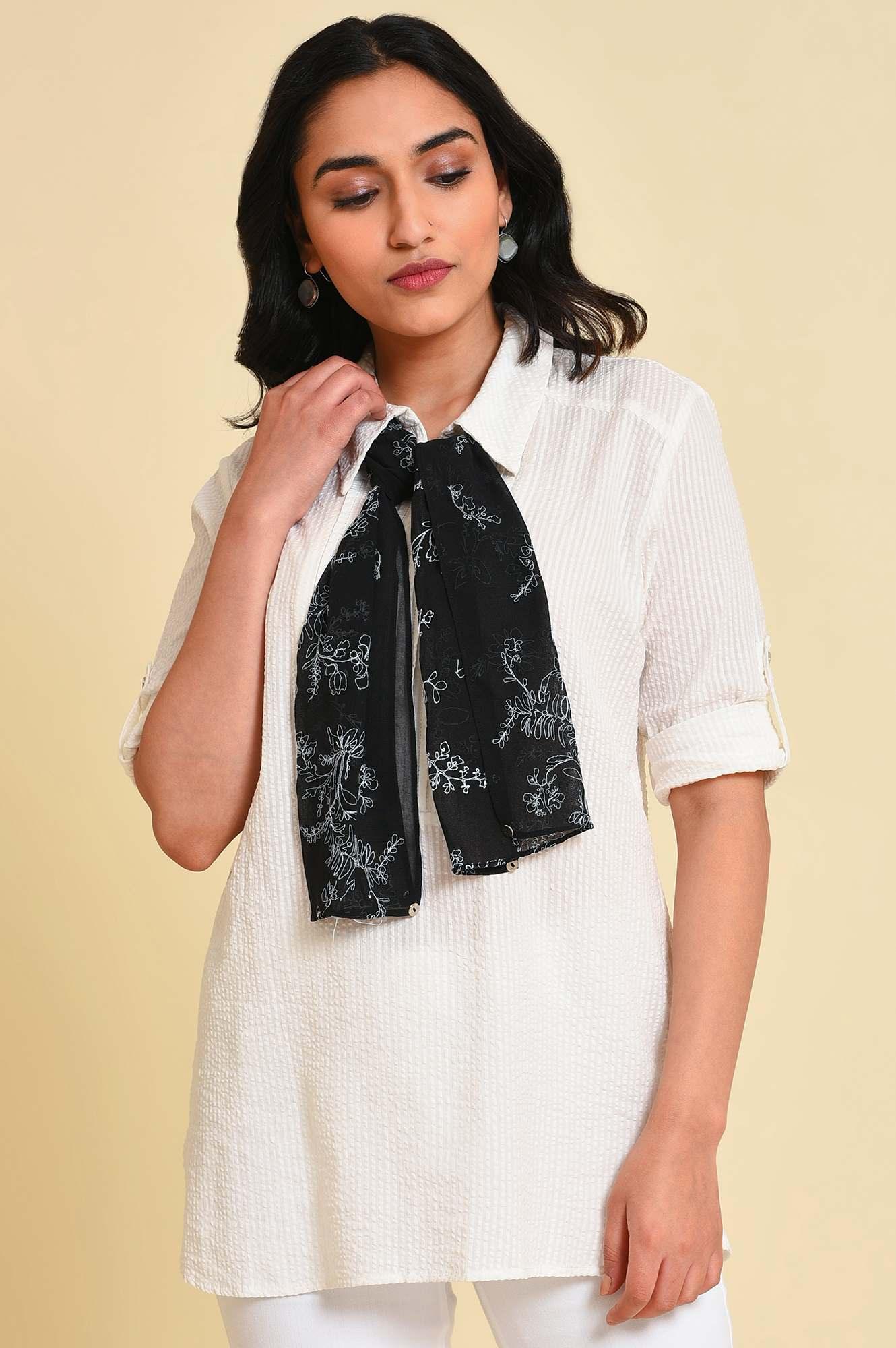 White Seer Sucket Top With Detachable Scarf - wforwoman