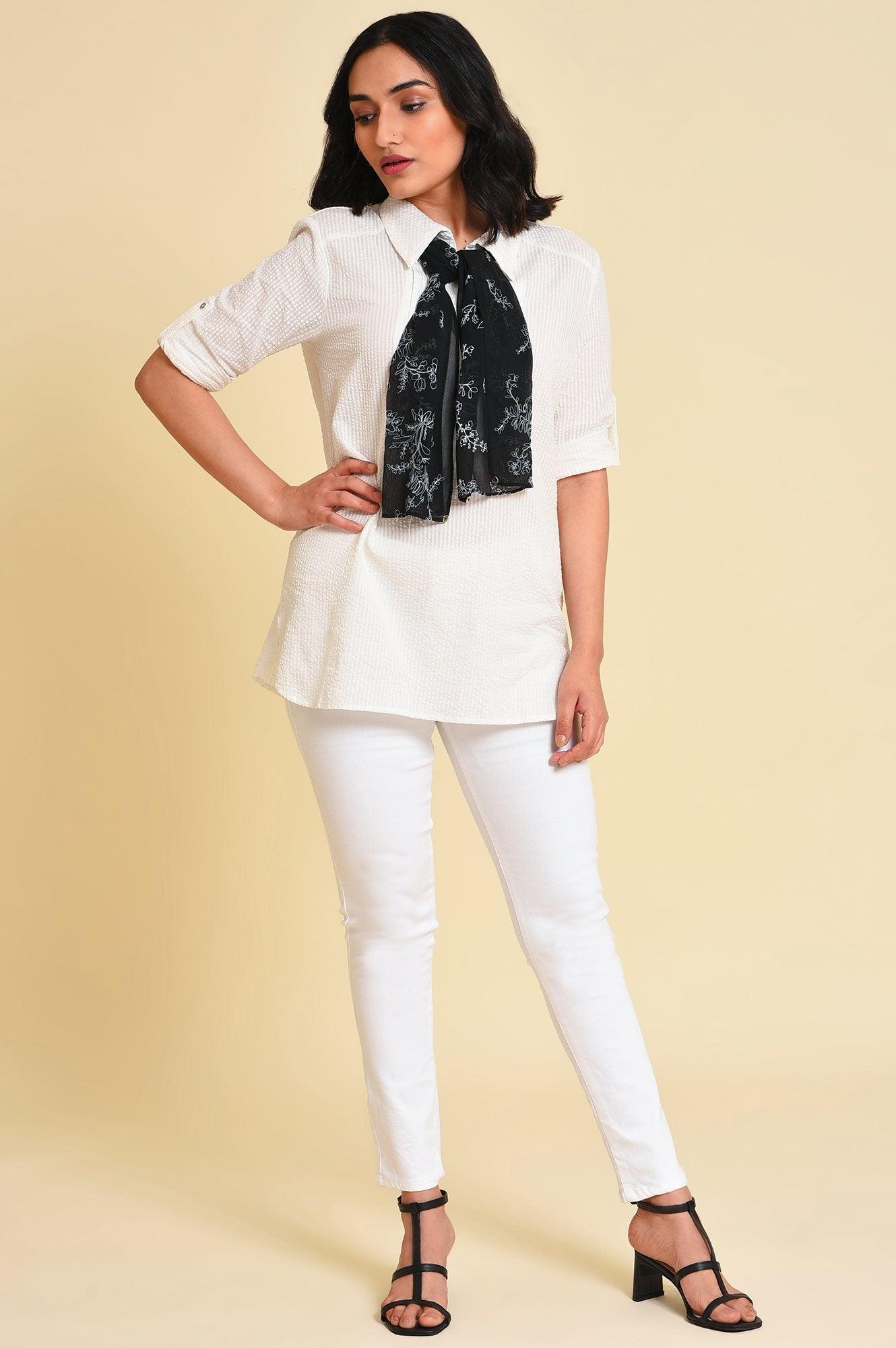 White Seer Sucket Top With Detachable Scarf - wforwoman